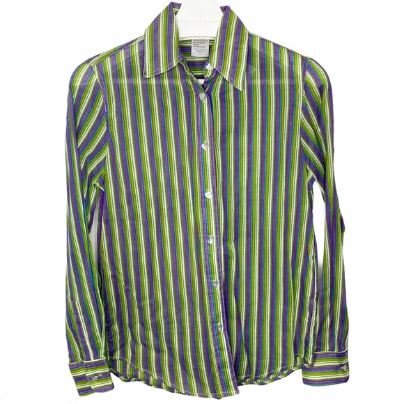 NEW SAM TY 100% Cotton Green/Purple Striped Button Down Top S - Picture 1 of 8